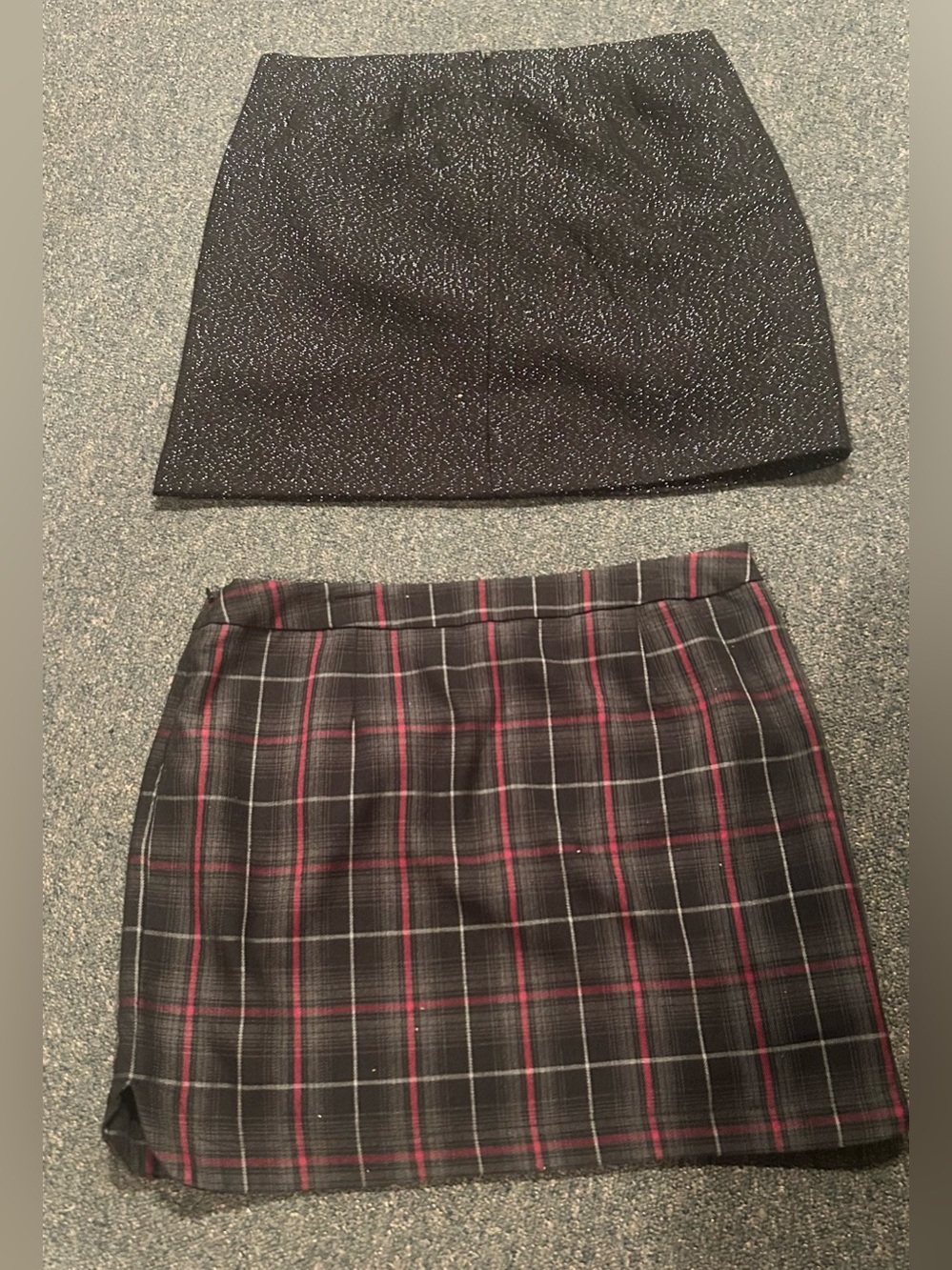 2 GAP Mini Skirts - 1 black & silver flecks - one black, grey and red plaid